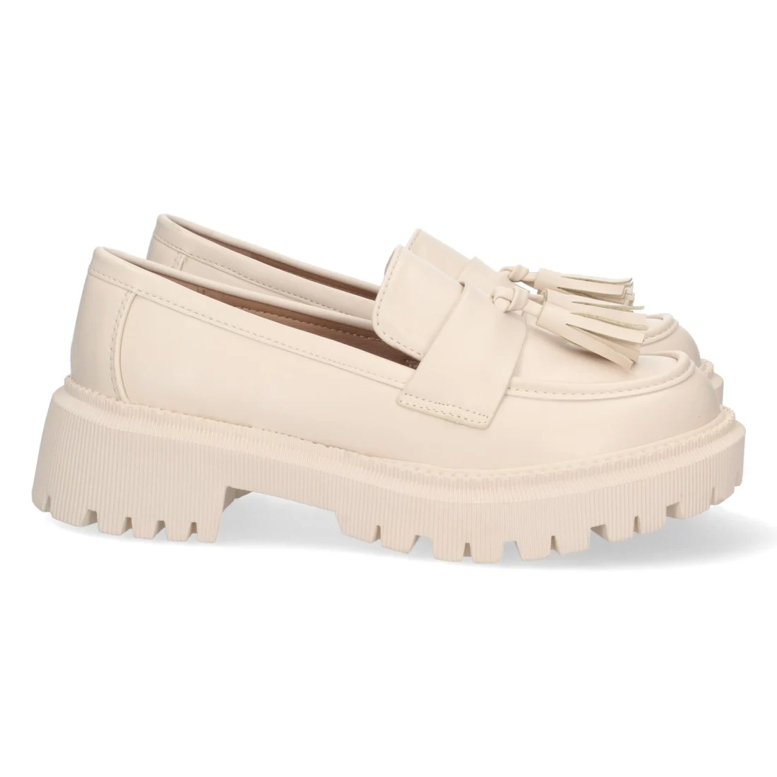 Mocasín con suela dentada y borlas para mujer