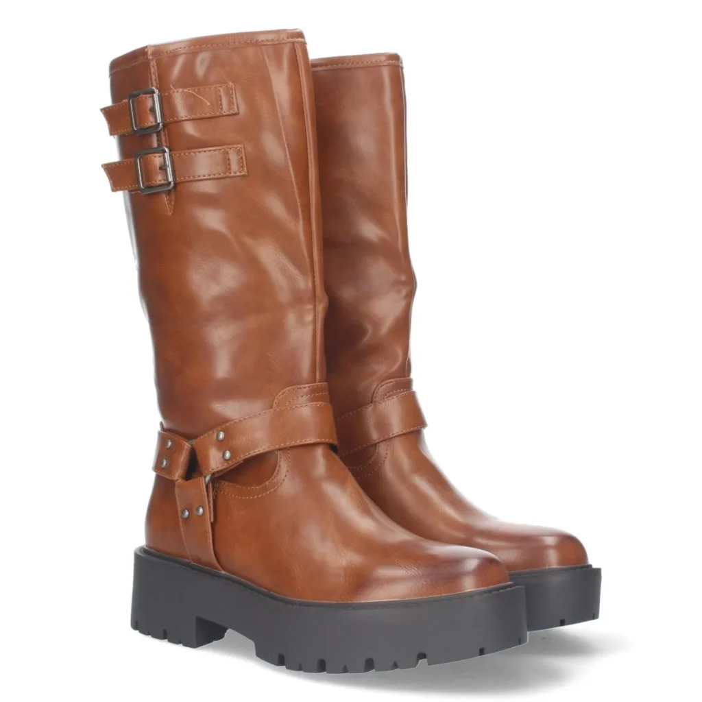 Bota motera con tacón bajo y plataforma para mujer