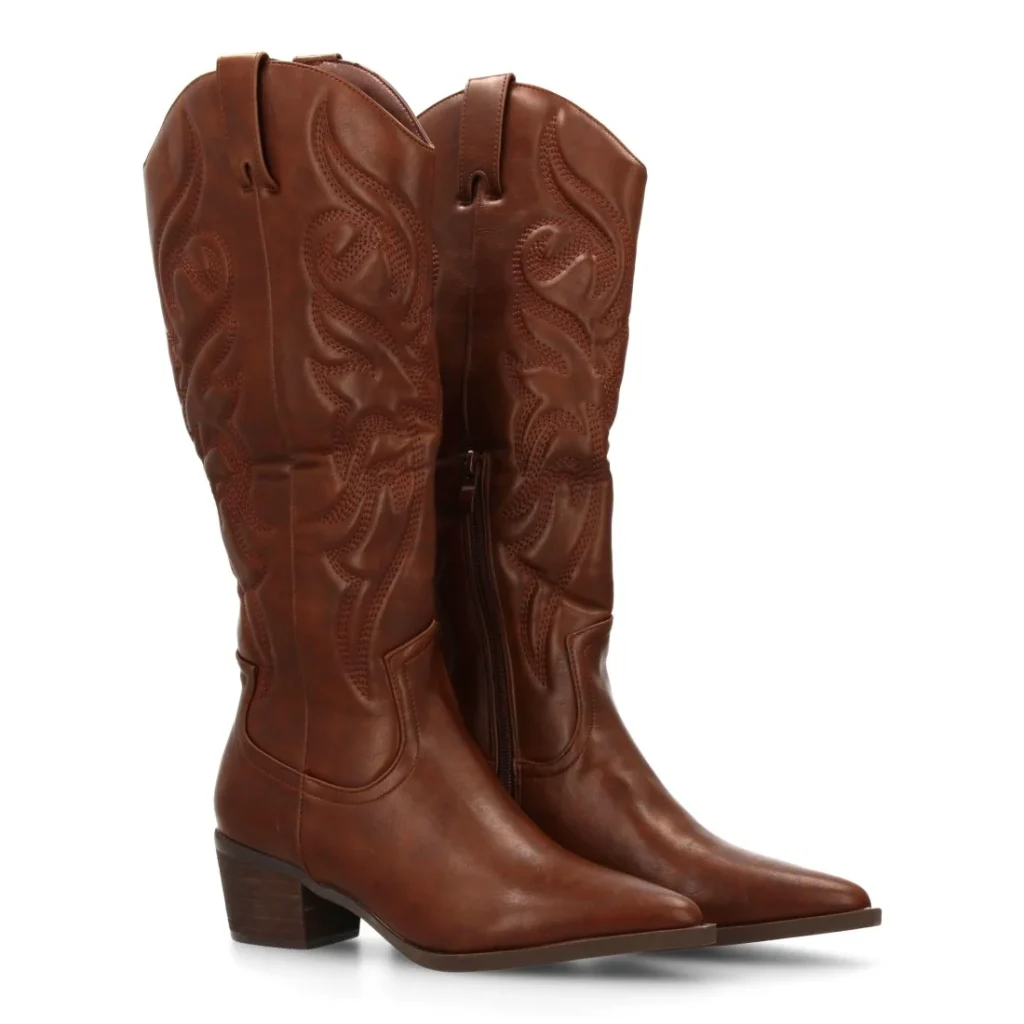 Bota cowboy alta con bordados decorativos para mujer