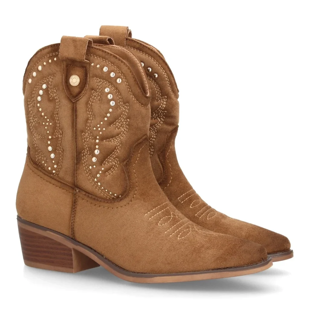 Botas cowboy mujer caña media serraje con tachuelas y tacón bajo