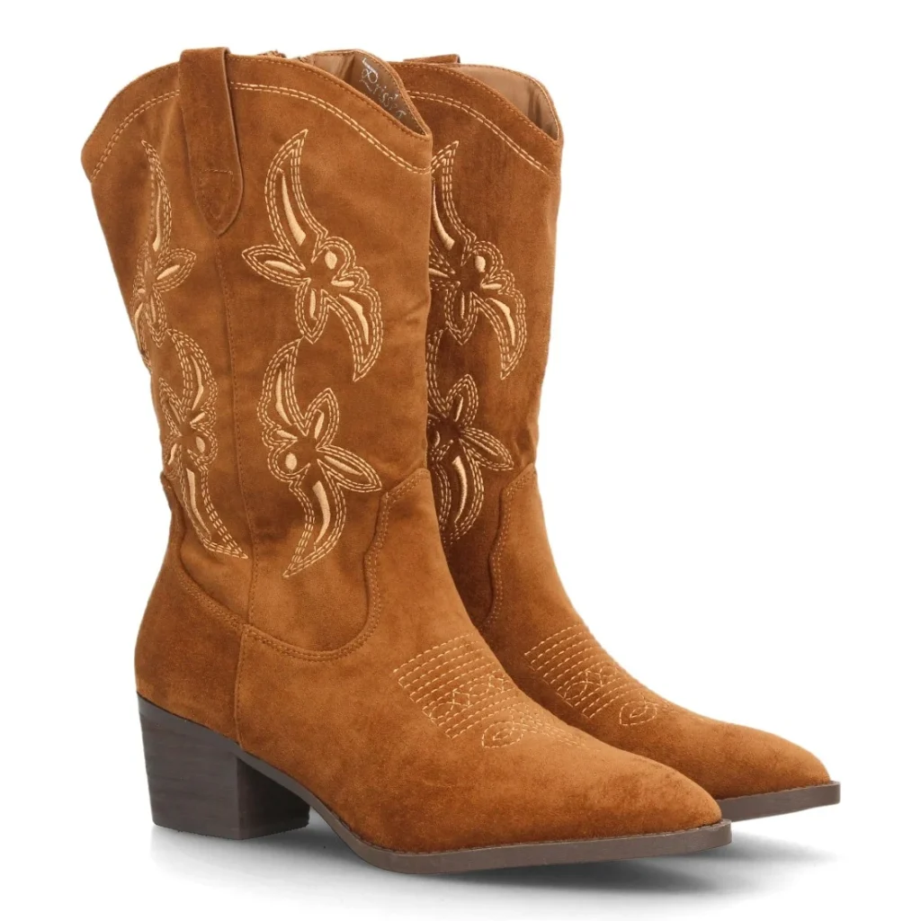 Botas cowboy bordadas con tacón ancho para mujer caña alta