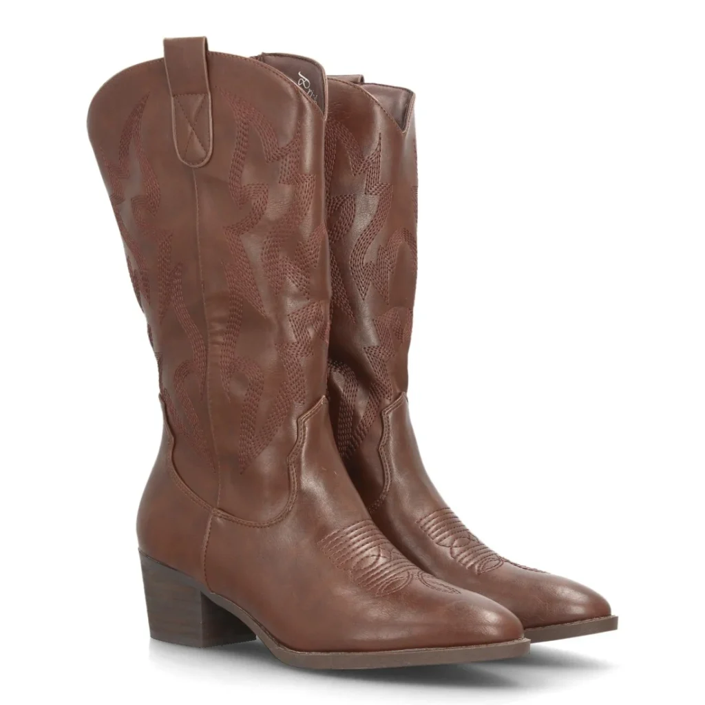 Botas camperas bordadas con tacón ancho para mujer