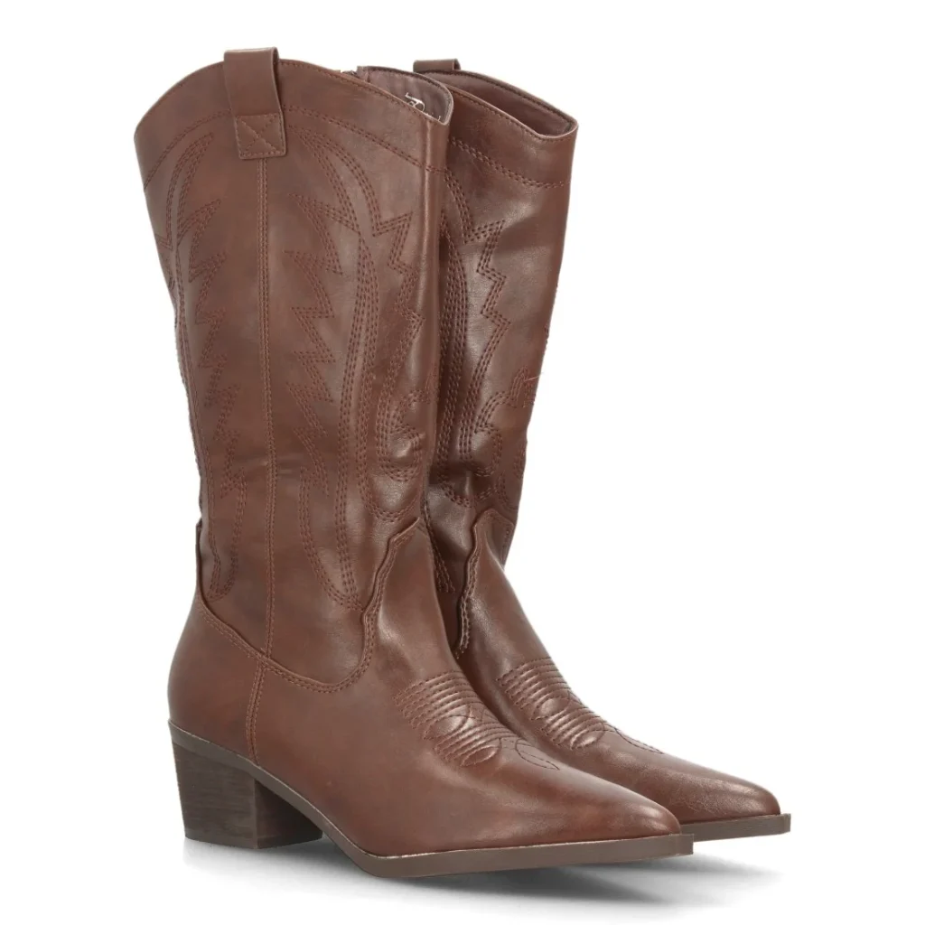 Botas camperas bordadas con tacón ancho para mujer caña alta