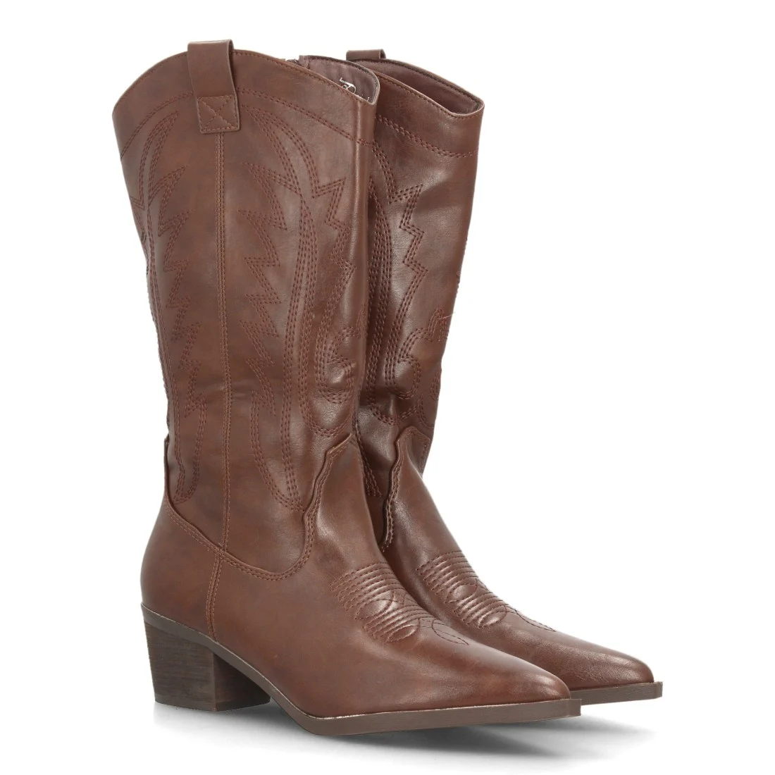 Botas camperas bordadas con tacón ancho para mujer caña alta