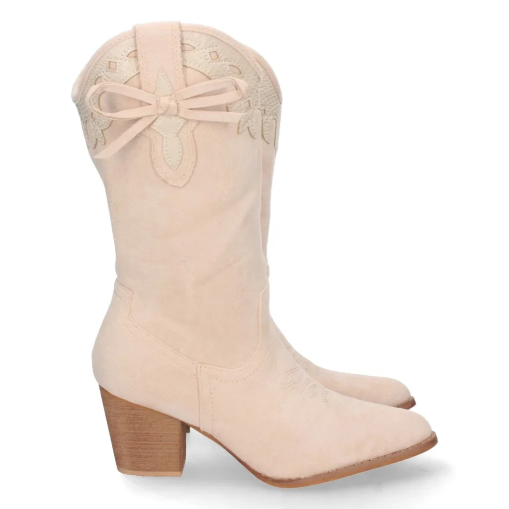 Bota de tacón con grabado y lazo para mujer