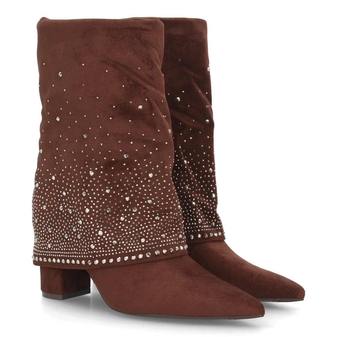 Botas con pedrería y tacón ancho para mujer