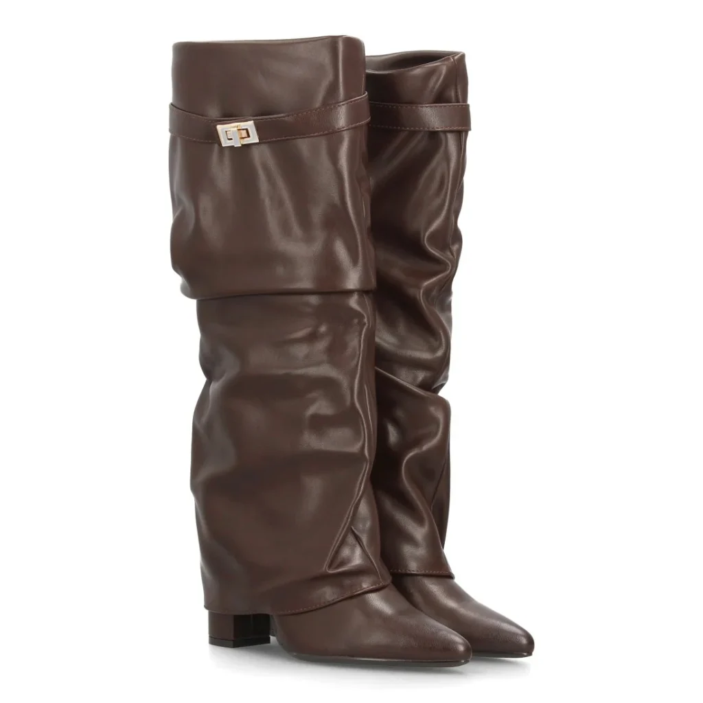 Botas altas fruncidas con tacón ancho para mujer