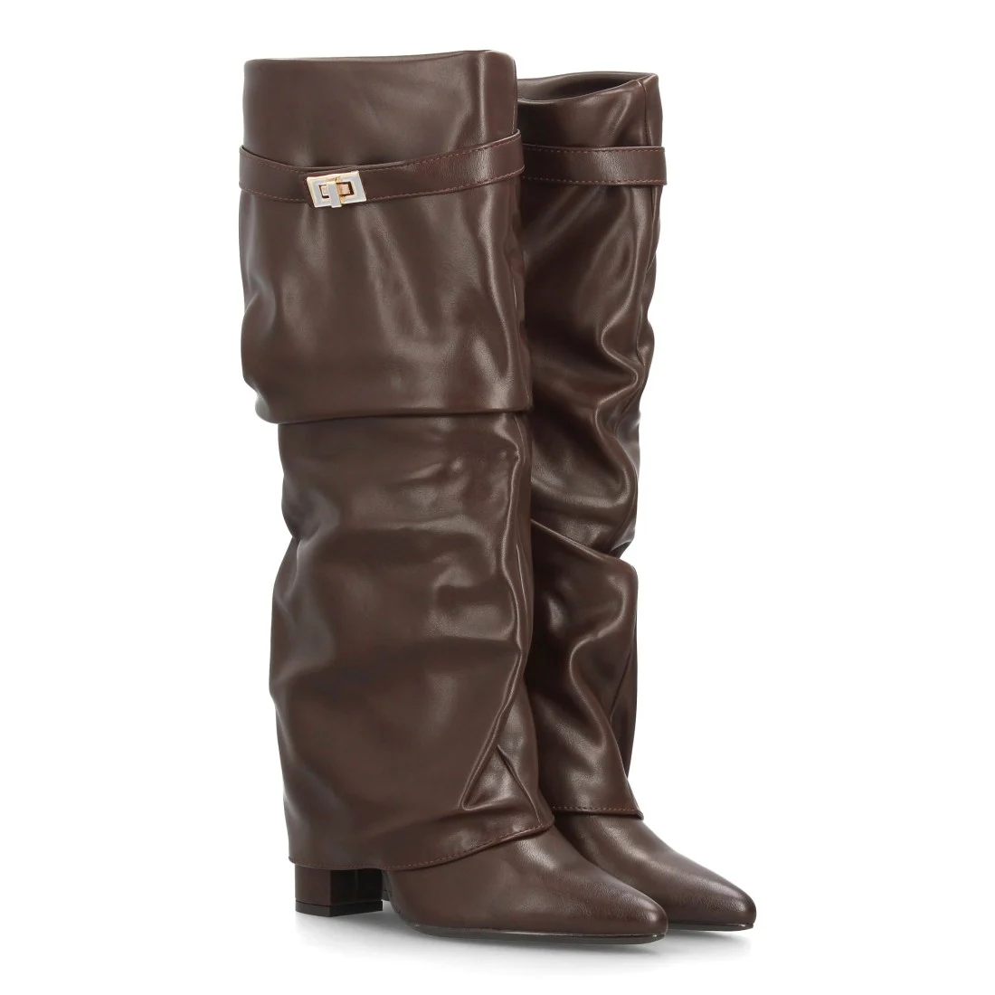 Botas altas fruncidas con tacón ancho para mujer